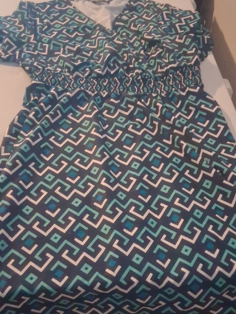BloomChic Teal Geometric Smocked Waist Midi Dress - Picture 2 of 6